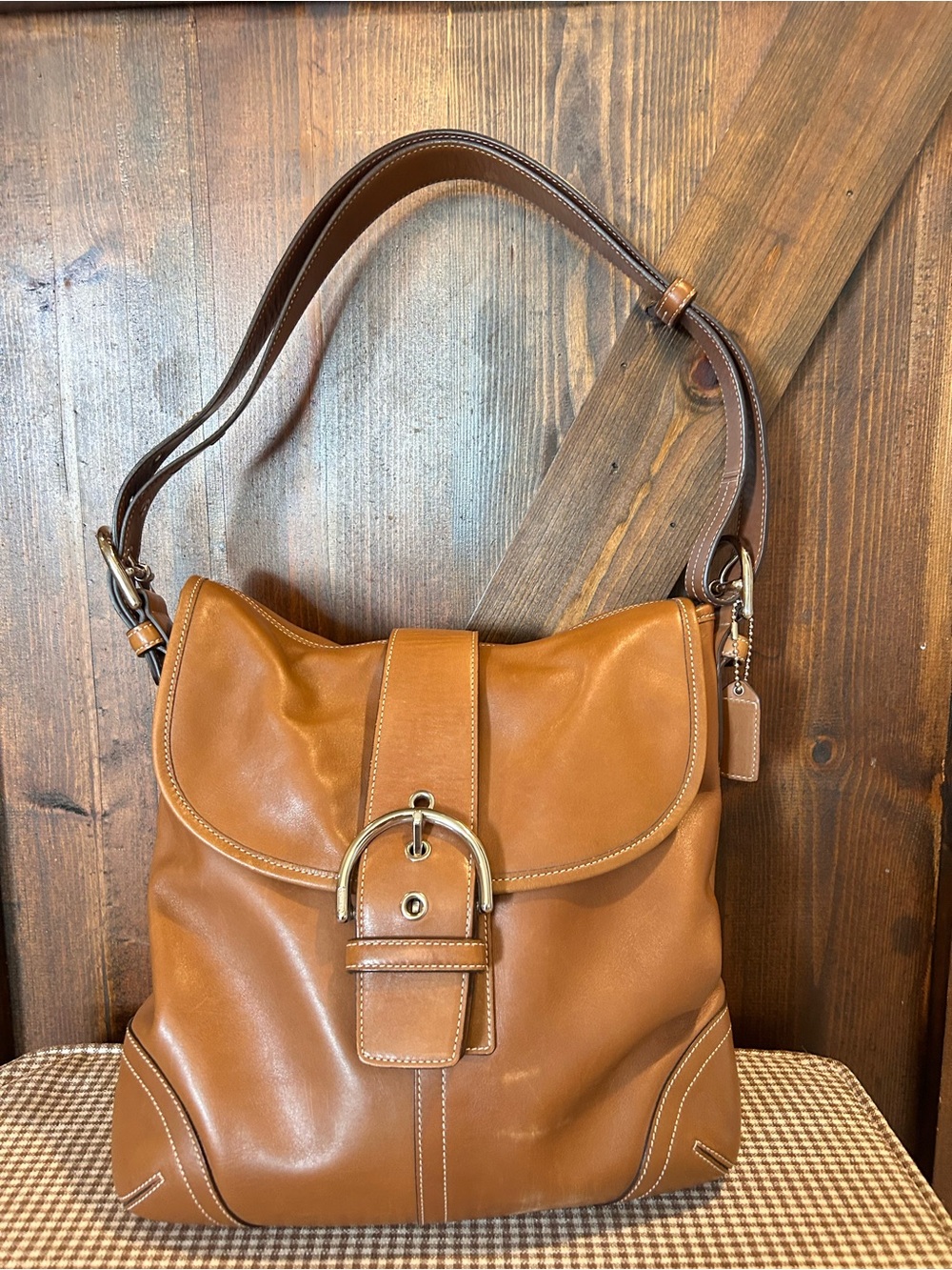 Vintage Coach Tan Leather Hobo Bag with Buckle Detail